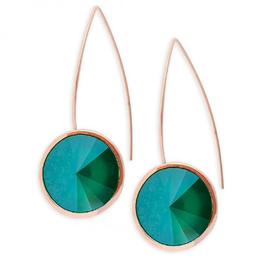 Pendientes largos de plata bañados en oro rosa y circonitas de Swarovski en tono verde.